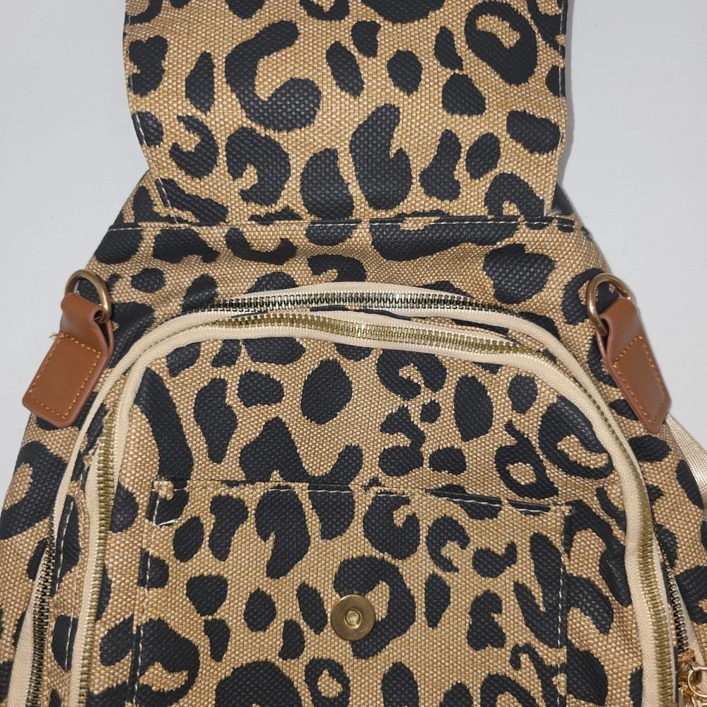 Unbranded Mini Backpack Women OS Leopard Animal Print Faux Leather Trim Gold